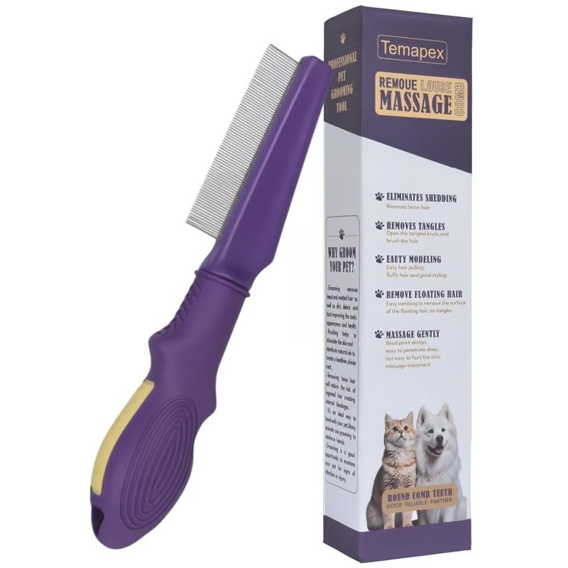 TemApex Pet Flea Comb for Dogs & Cats,Removes Tangles & Flea, Tear Stain Removal, Stainless Steel Metal Teeth, Non-slip & Anti-static Rubber Handle, Safe & Gentle Pet Grooming Comb - Image 1
